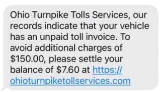 Ohio Turnpike toll scam text