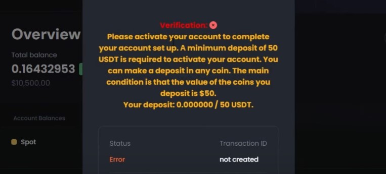 deposit of 50 USDT