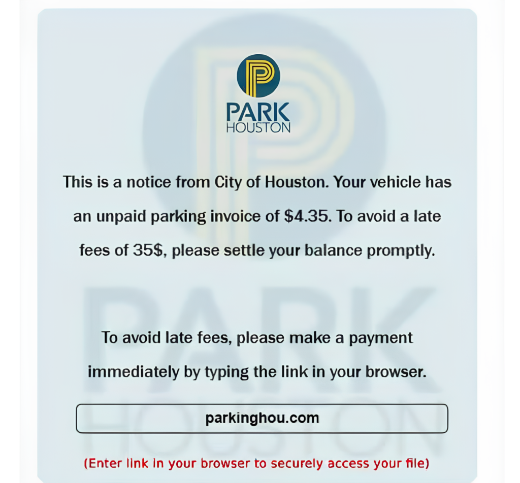 Parkinghtx.com Scam! Watch Out for This Fake Houston Parking Text