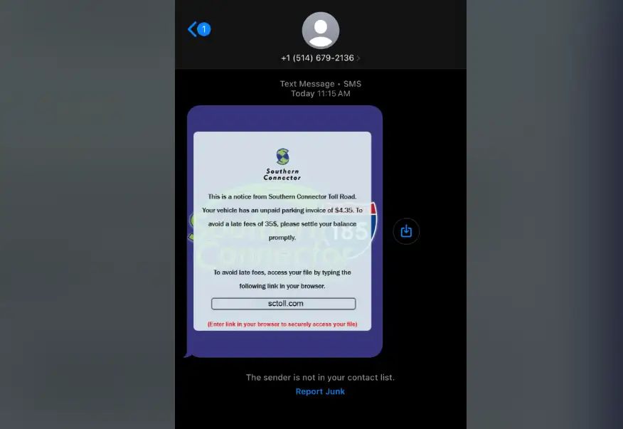 Southern Connector Toll Road Text Message Scam